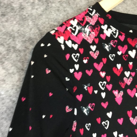 Elle Top XS Blouse Career Heart Print Crepe Black Accordion Pleat Sleeves Pink - Picture 3 of 13